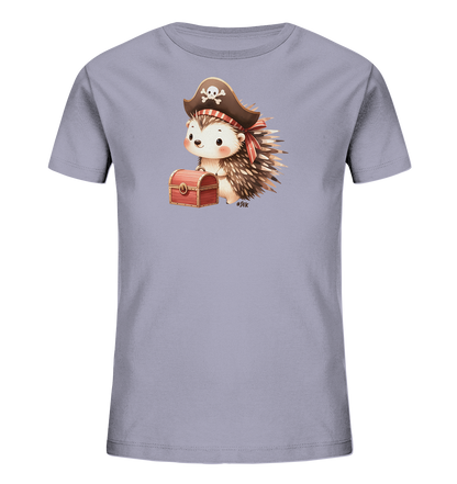 Onlineshop Shirts fuer Kinder - Abgebildet ist ein hellviolettes Kinder-T-Shirt. Auf der Vorderseite befindet sich eine niedliche Illustration eines Igels in Piratenaufmachung. Der Igel traegt einen braunen Piratenhut mit Totenkopfmotiv und haelt eine kleine rote Schatzkiste. Das froehliche Motiv verleiht dem Shirt einen verspielten Look.