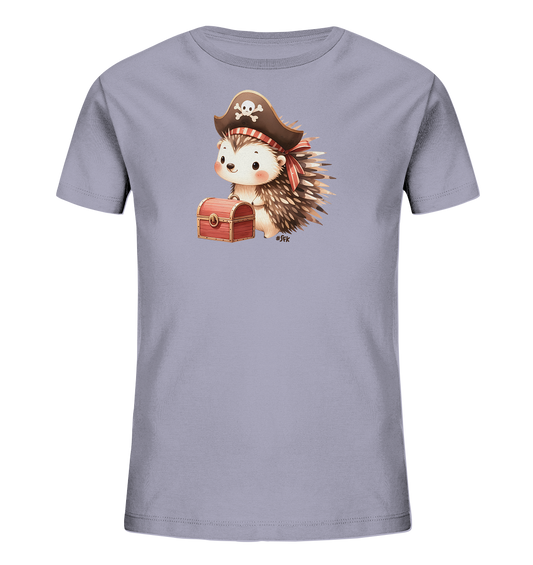Onlineshop Shirts fuer Kinder - Abgebildet ist ein hellviolettes Kinder-T-Shirt. Auf der Vorderseite befindet sich eine niedliche Illustration eines Igels in Piratenaufmachung. Der Igel traegt einen braunen Piratenhut mit Totenkopfmotiv und haelt eine kleine rote Schatzkiste. Das froehliche Motiv verleiht dem Shirt einen verspielten Look.
