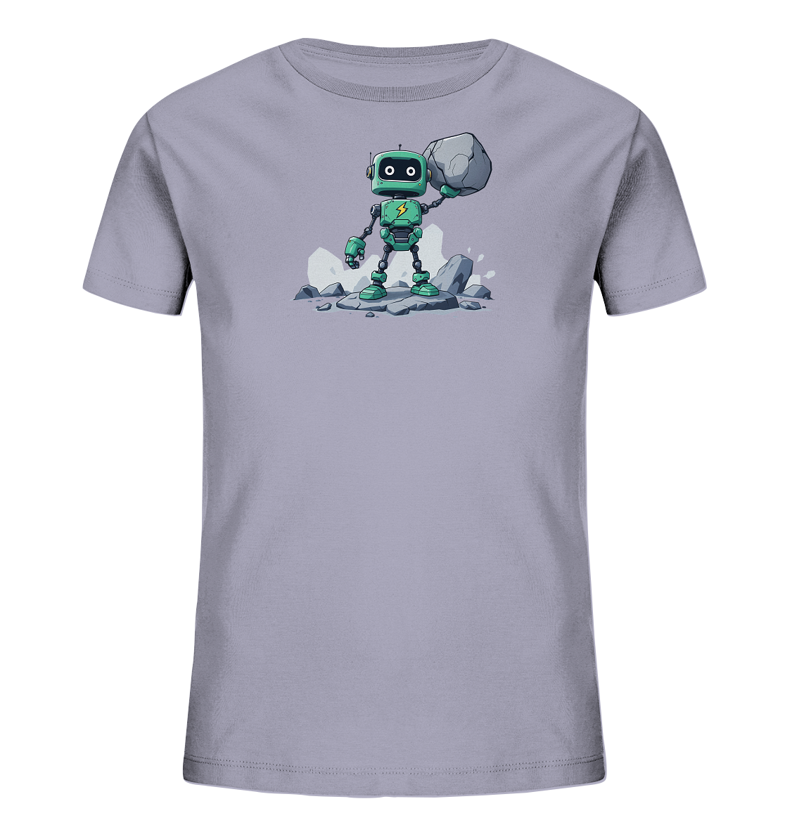 Onlineshop Shirts für Kinder - Das Bild zeigt ein hellgraues T-Shirt für Kinder, bedruckt mit einer Grafik eines Roboters. Der Roboter ist in den Farben Grün und Schwarz gehalten und steht auf mehreren grauen Steinen. Er hält einen großen Felsen mit einer Hand über seinem Kopf und wirkt entschlossen. Auf der Brust des Roboters ist ein gelbes Blitz-Symbol zu sehen, was dem Design einen energetischen Touch verleiht. Die Illustration ist im Comic-Stil gehalten und spricht jüngere Zielgruppen an.