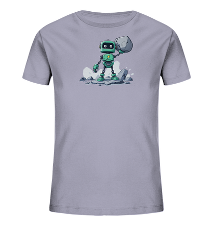 Onlineshop Shirts für Kinder - Das Bild zeigt ein hellgraues T-Shirt für Kinder, bedruckt mit einer Grafik eines Roboters. Der Roboter ist in den Farben Grün und Schwarz gehalten und steht auf mehreren grauen Steinen. Er hält einen großen Felsen mit einer Hand über seinem Kopf und wirkt entschlossen. Auf der Brust des Roboters ist ein gelbes Blitz-Symbol zu sehen, was dem Design einen energetischen Touch verleiht. Die Illustration ist im Comic-Stil gehalten und spricht jüngere Zielgruppen an.