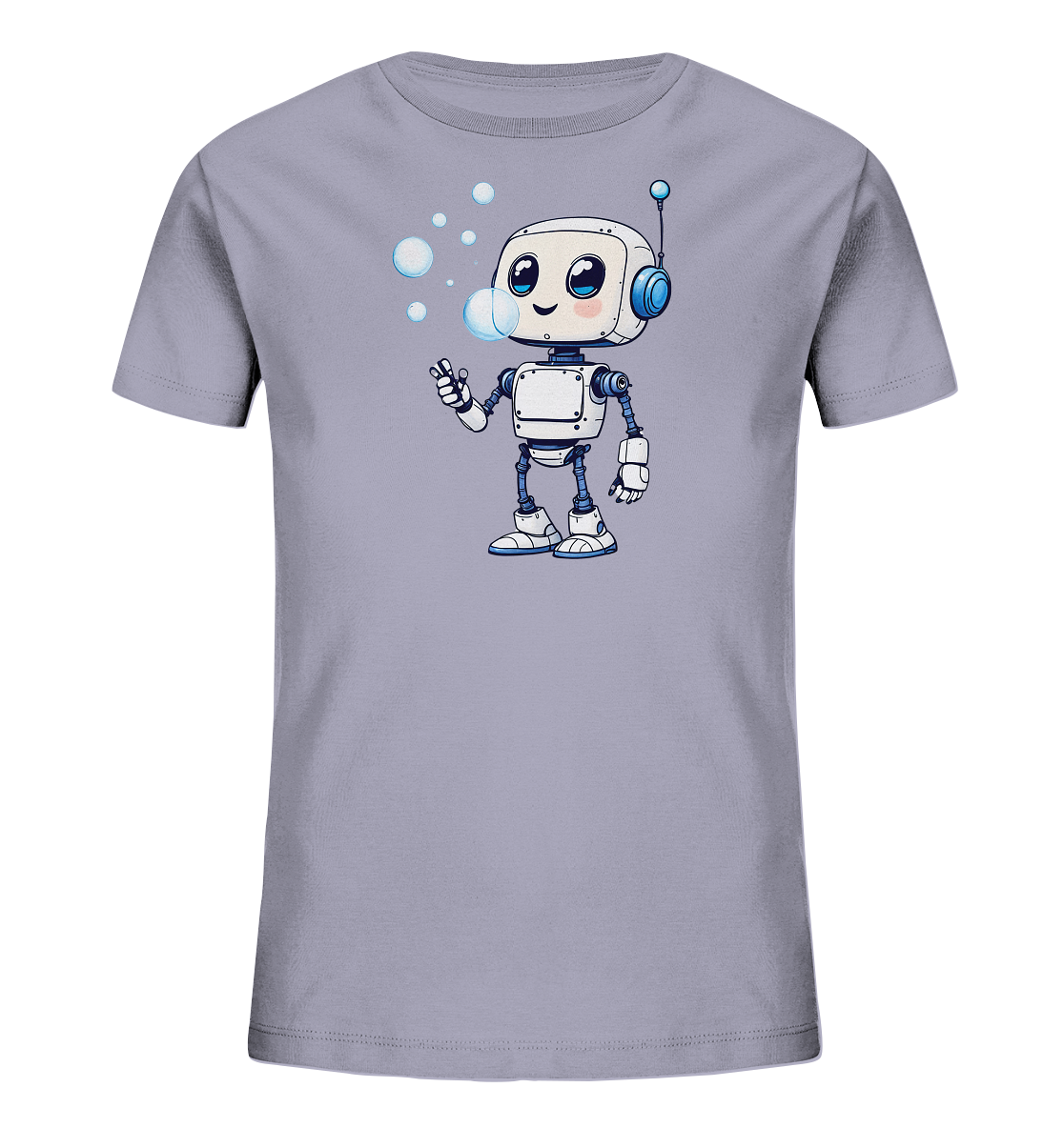 Onlineshop Shirts für Kinder - Das Bild zeigt ein graues Kinder-T-Shirt auf schwarzem Hintergrund. Auf der Vorderseite ist ein niedlicher, weißer Roboter mit blauen Akzenten und großen Augen abgebildet. Der Roboter lächelt und pustet mehrere blaue Seifenblasen in die Luft, die um seinen Kopf schweben. Das Design ist schlicht, freundlich und detailreich, was das Shirt besonders ansprechend für Kinder macht.