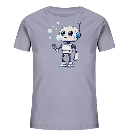 Onlineshop Shirts für Kinder - Das Bild zeigt ein graues Kinder-T-Shirt auf schwarzem Hintergrund. Auf der Vorderseite ist ein niedlicher, weißer Roboter mit blauen Akzenten und großen Augen abgebildet. Der Roboter lächelt und pustet mehrere blaue Seifenblasen in die Luft, die um seinen Kopf schweben. Das Design ist schlicht, freundlich und detailreich, was das Shirt besonders ansprechend für Kinder macht.