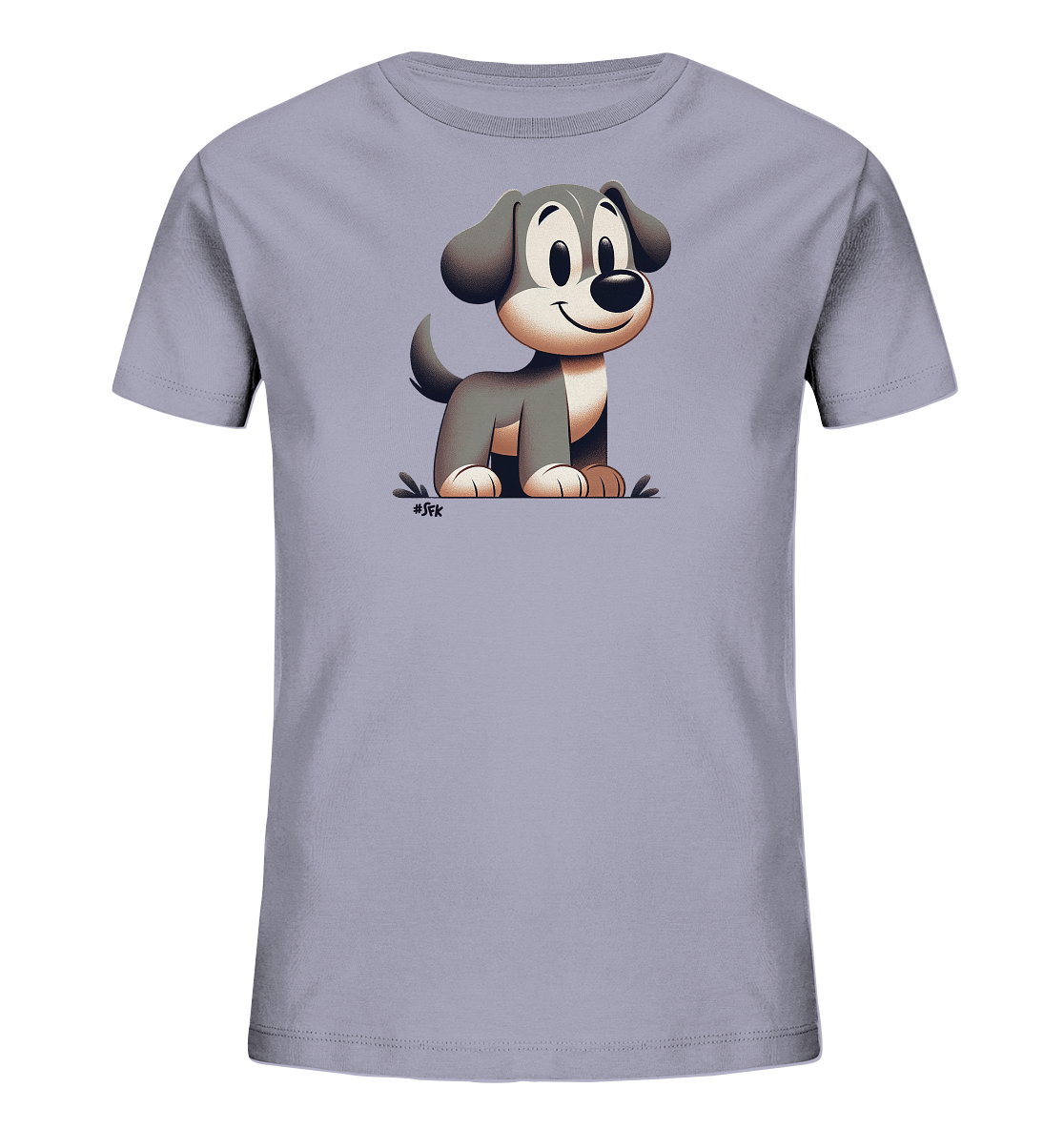 Onlineshop Shirts fuer Kinder - Das Bild zeigt ein Kinder-T-Shirt in einem hellen Graulila. Auf der Vorderseite befindet sich eine Illustration eines freundlichen, laechelnden Welpen im Cartoon-Stil. Der Hund sitzt auf einer stilisierten Bodenflaeche und hat dunkles und helles Fell. Das Design wirkt verspielt und ansprechend fuer Kinder.