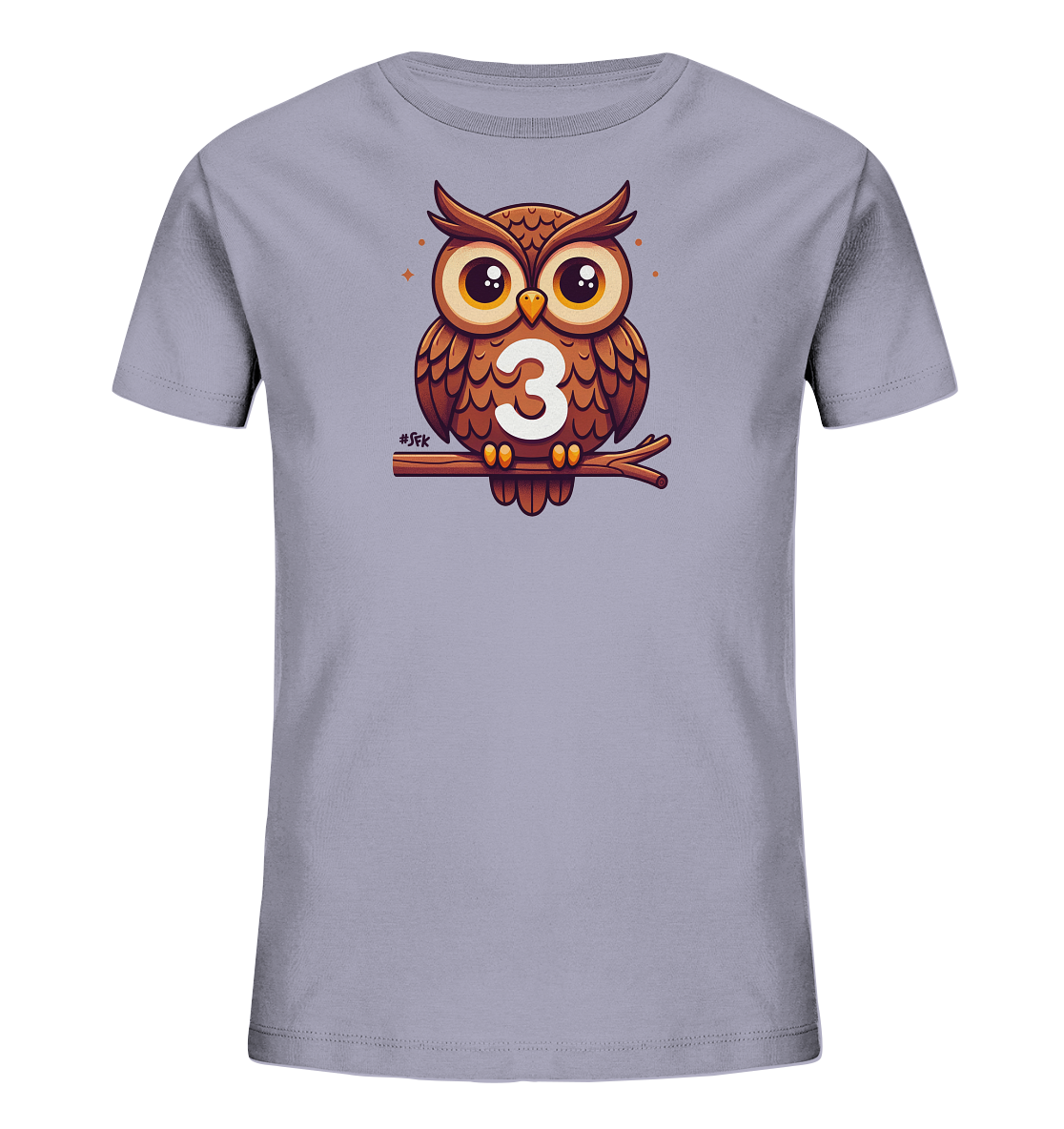 Onlineshop Shirts fuer Kinder - Das Bild zeigt ein hellgraues Kinder-T-Shirt. Auf der Vorderseite ist eine niedliche Comic-Eule abgebildet, die auf einem Ast sitzt. Die Eule traegt die Zahl '3' auf ihrer Brust. Das Design wirkt freundlich und verspielt.
