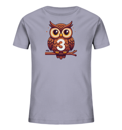 Kinder T-Shirt mit Cartoon-Eule auf Ast, großen Augen und Zahl 3