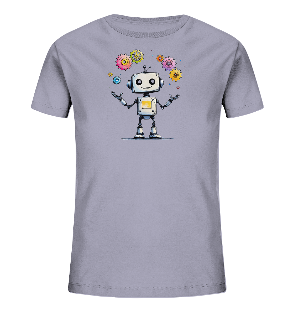 Onlineshop Shirts für Kinder - Das Bild zeigt ein hellgraues Kinder-T-Shirt mit einem fröhlichen Roboter-Motiv auf der Vorderseite. Der Roboter steht mittig, hat ein freundliches Gesicht und breitet seine Arme aus. Um den Roboter herum schweben bunte Zahnräder in verschiedenen Größen und Farben wie Pink, Gelb, Grün und Blau. Das Design ist kindgerecht und farbenfroh gestaltet.