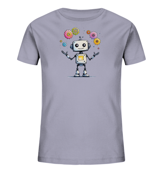 Onlineshop Shirts für Kinder - Das Bild zeigt ein hellgraues Kinder-T-Shirt mit einem fröhlichen Roboter-Motiv auf der Vorderseite. Der Roboter steht mittig, hat ein freundliches Gesicht und breitet seine Arme aus. Um den Roboter herum schweben bunte Zahnräder in verschiedenen Größen und Farben wie Pink, Gelb, Grün und Blau. Das Design ist kindgerecht und farbenfroh gestaltet.