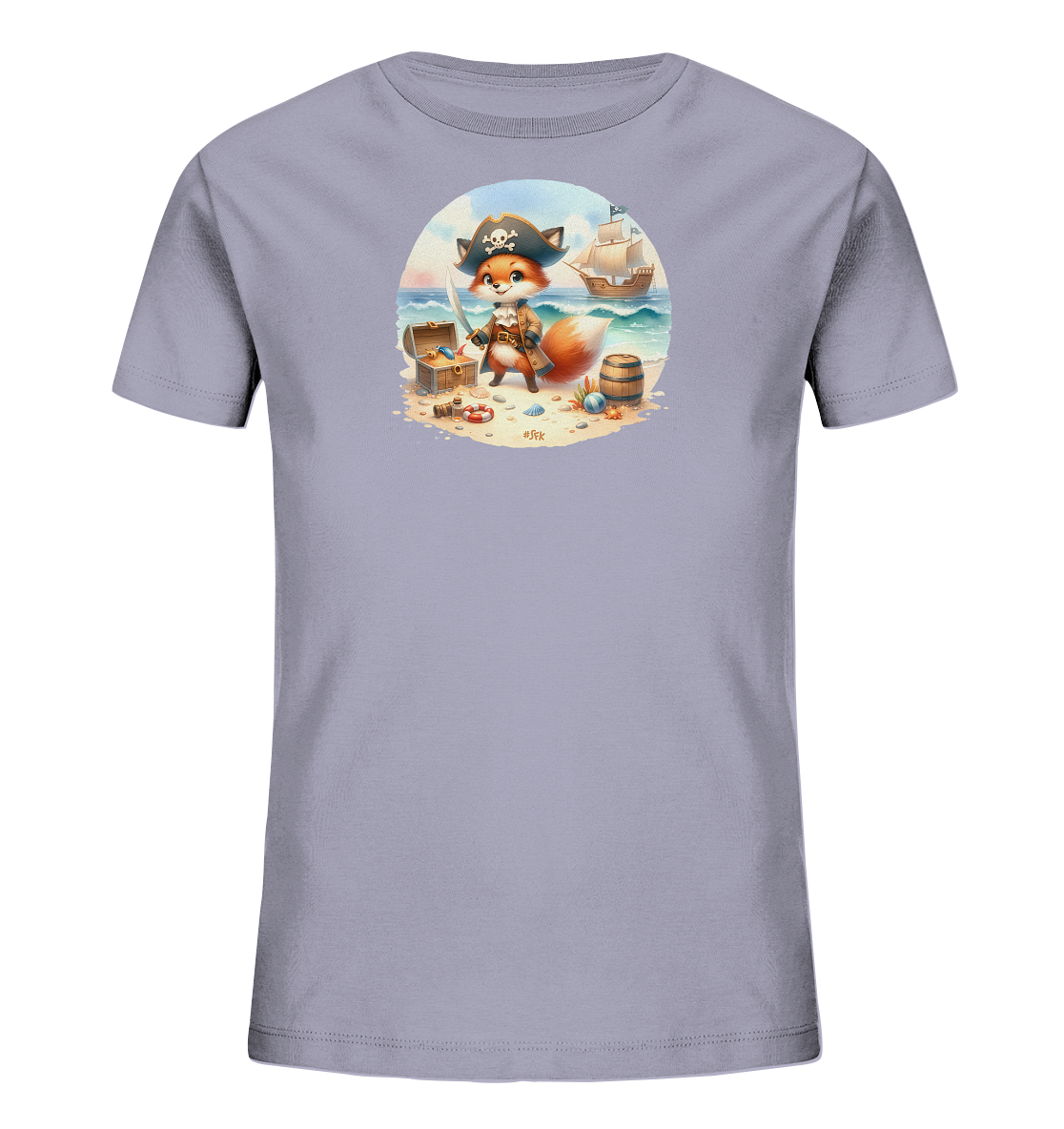 Onlineshop Shirts fuer Kinder - Das Bild zeigt ein hellgraues Kinder T-Shirt mit einem runden Motiv. Darauf ist ein niedlicher Cartoon-Fuchs als Pirat abgebildet, der an einem Strand steht und ein Schwert haelt. Neben ihm liegen eine Schatztruhe, ein Fass und Muscheln, waehrend im Hintergrund ein Segelschiff auf dem Meer faehrt. Das Design ist detailreich und vermittelt eine abenteuerliche Stimmung.