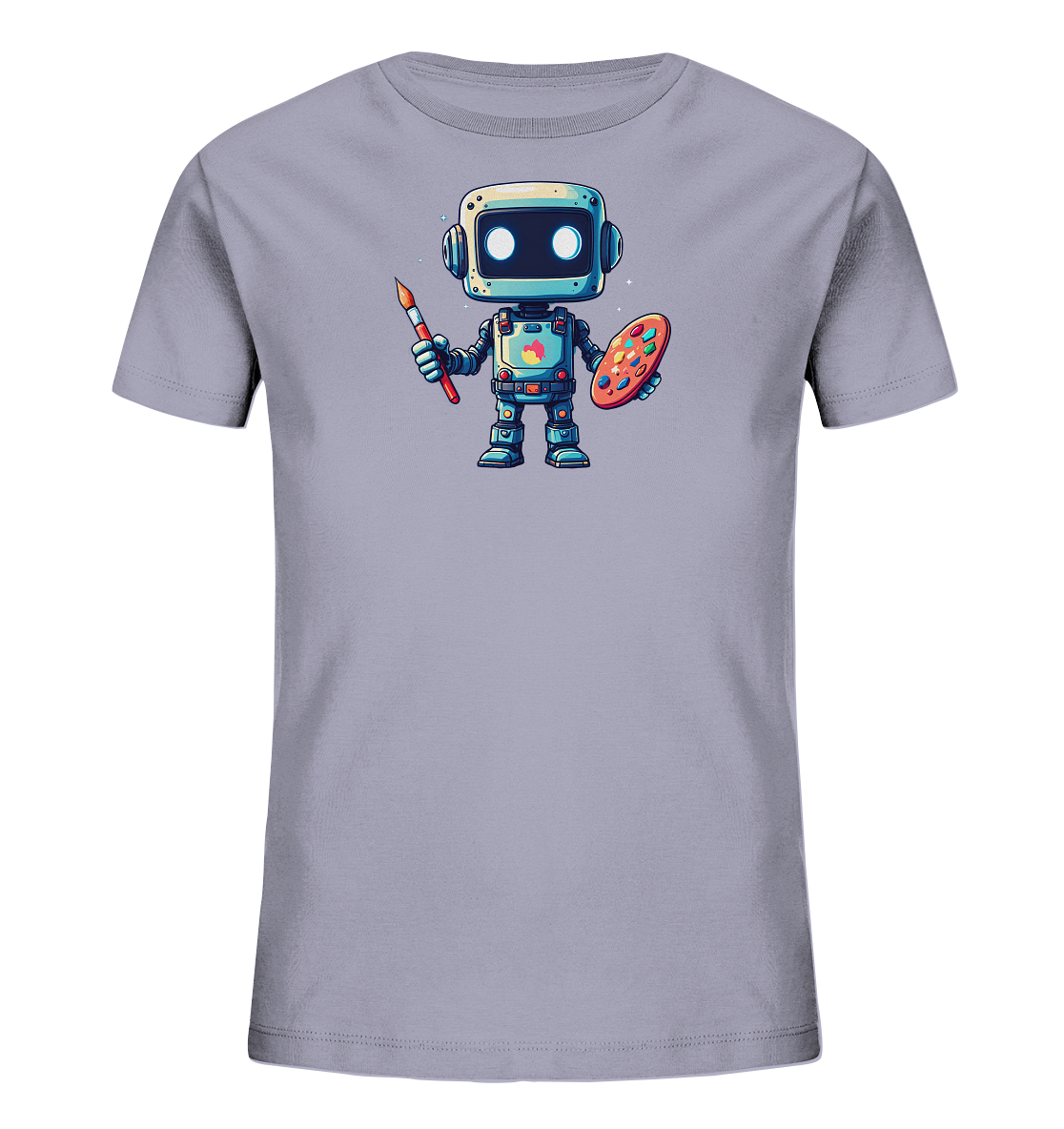 Onlineshop Shirts für Kinder - Das Bild zeigt ein hellgraues Kinder-T-Shirt, auf dessen Vorderseite eine Grafik abgebildet ist. Die Grafik stellt einen freundlichen, cartoonartigen Roboter dar, der als Künstler inszeniert ist. Der Roboter hält in einer Hand einen Pinsel und in der anderen eine bunte Farbpalette. Das Motiv ist detailreich gestaltet und verleiht dem Shirt einen kreativen und spielerischen Charakter.