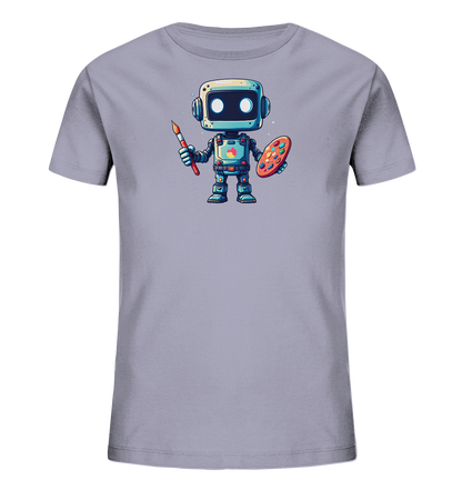 Onlineshop Shirts für Kinder - Das Bild zeigt ein hellgraues Kinder-T-Shirt, auf dessen Vorderseite eine Grafik abgebildet ist. Die Grafik stellt einen freundlichen, cartoonartigen Roboter dar, der als Künstler inszeniert ist. Der Roboter hält in einer Hand einen Pinsel und in der anderen eine bunte Farbpalette. Das Motiv ist detailreich gestaltet und verleiht dem Shirt einen kreativen und spielerischen Charakter.