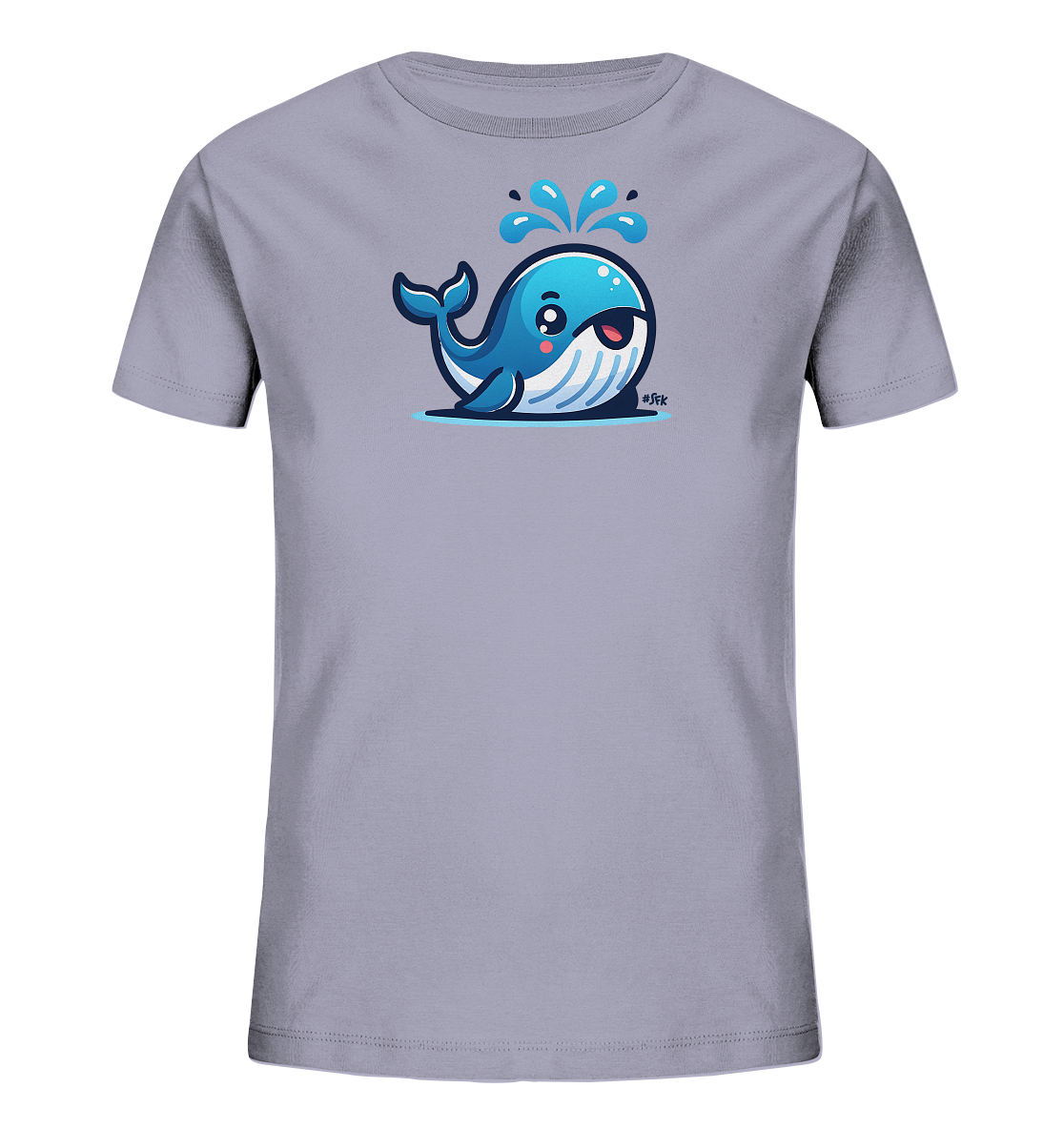 Onlineshop Shirts fuer Kinder - Das Bild zeigt ein hellgraues T-Shirt fuer Kinder mit einem lustigen Wal-Motiv auf der Vorderseite. Der Wal ist blau, hat grosse Augen und spritzt Wasser aus seinem Blasloch. Das Design ist im Cartoon-Stil gehalten und wirkt sehr freundlich.