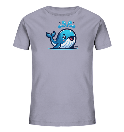 Onlineshop Shirts fuer Kinder - Das Bild zeigt ein hellgraues T-Shirt fuer Kinder mit einem lustigen Wal-Motiv auf der Vorderseite. Der Wal ist blau, hat grosse Augen und spritzt Wasser aus seinem Blasloch. Das Design ist im Cartoon-Stil gehalten und wirkt sehr freundlich.