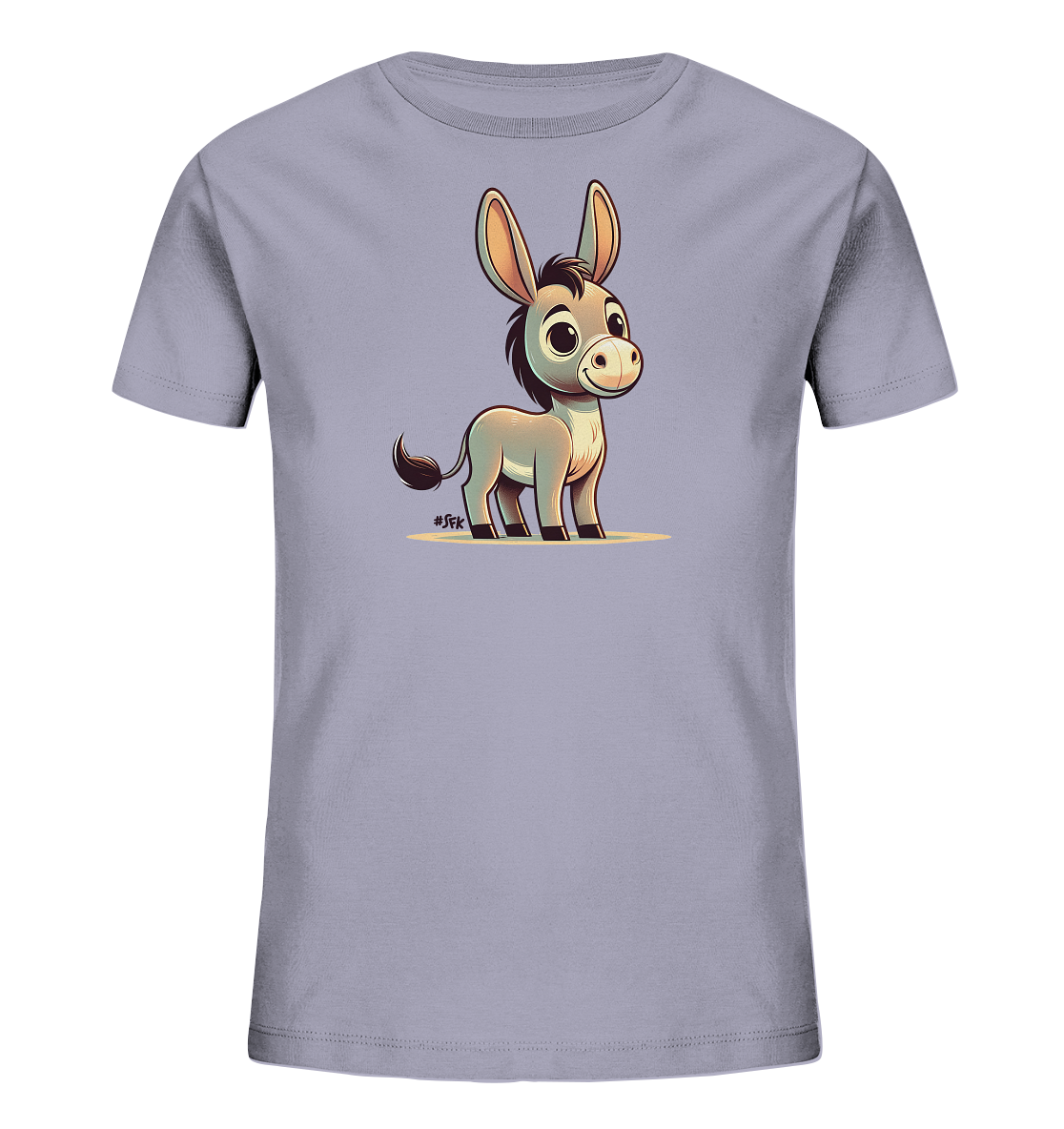 Onlineshop Shirts fuer Kinder - Das Bild zeigt ein hellgraues T-Shirt fuer Kinder mit einem niedlichen Cartoon-Esel. Der kleine Esel hat grosse Ohren, dunkle Maehne und Schwanz und blickt freundlich. Die detailreiche Illustration ist auf einem hellen Untergrund platziert und wirkt sehr kinderfreundlich.