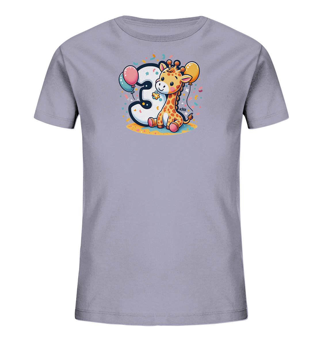 Onlineshop Shirts fuer Kinder - Das Bild zeigt ein hellgraues Kinder-T-Shirt mit einer farbenfrohen Grafik. Das Design umfasst eine grosse weisse Zahl '3' neben einer niedlichen, sitzenden Cartoon-Giraffe. Die Giraffe haelt Ballons, und das Motiv ist von buntem Konfetti umgeben. Dieser verspielte Druck eignet sich ideal zur Feier eines dritten Geburtstags.