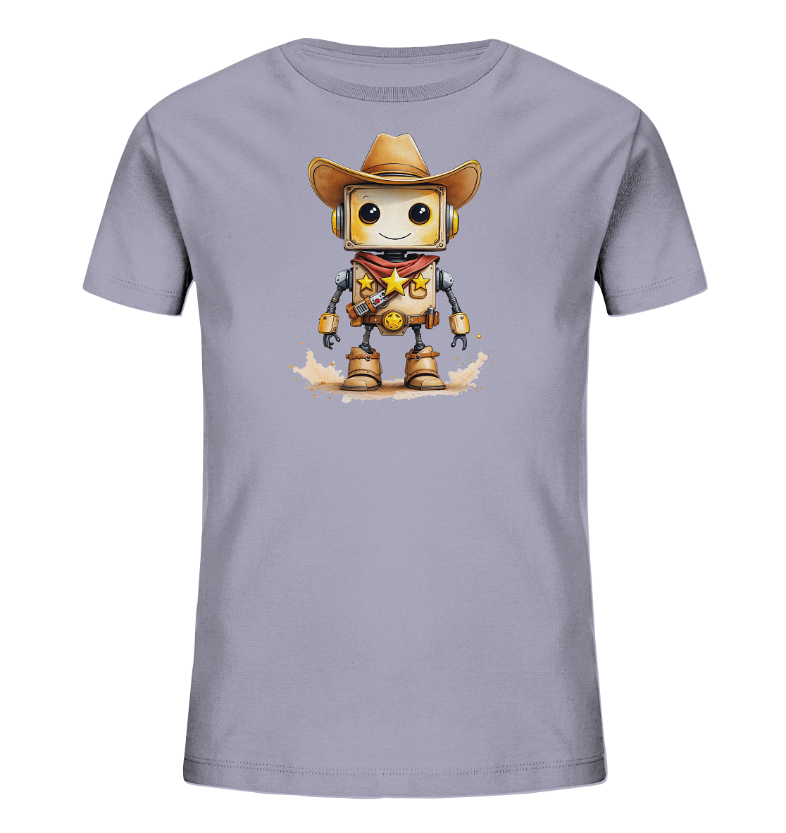 Onlineshop Shirts für Kinder - Das Bild zeigt ein hellviolettes Kinder-T-Shirt mit einem detaillierten Aufdruck auf der Vorderseite. Zu sehen ist ein lächelnder, cartoonartiger Roboter, der als Cowboy verkleidet ist. Er trägt einen braunen Cowboyhut, ein rotes Halstuch und braune Cowboystiefel, während er auf staubigem Boden steht. Das Design wirkt verspielt und abenteuerlich, ideal für Kinder, die Roboter und den Wilden Westen mögen.