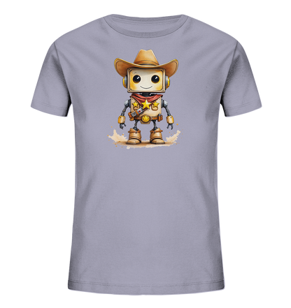 Onlineshop Shirts für Kinder - Das Bild zeigt ein hellviolettes Kinder-T-Shirt mit einem detaillierten Aufdruck auf der Vorderseite. Zu sehen ist ein lächelnder, cartoonartiger Roboter, der als Cowboy verkleidet ist. Er trägt einen braunen Cowboyhut, ein rotes Halstuch und braune Cowboystiefel, während er auf staubigem Boden steht. Das Design wirkt verspielt und abenteuerlich, ideal für Kinder, die Roboter und den Wilden Westen mögen.
