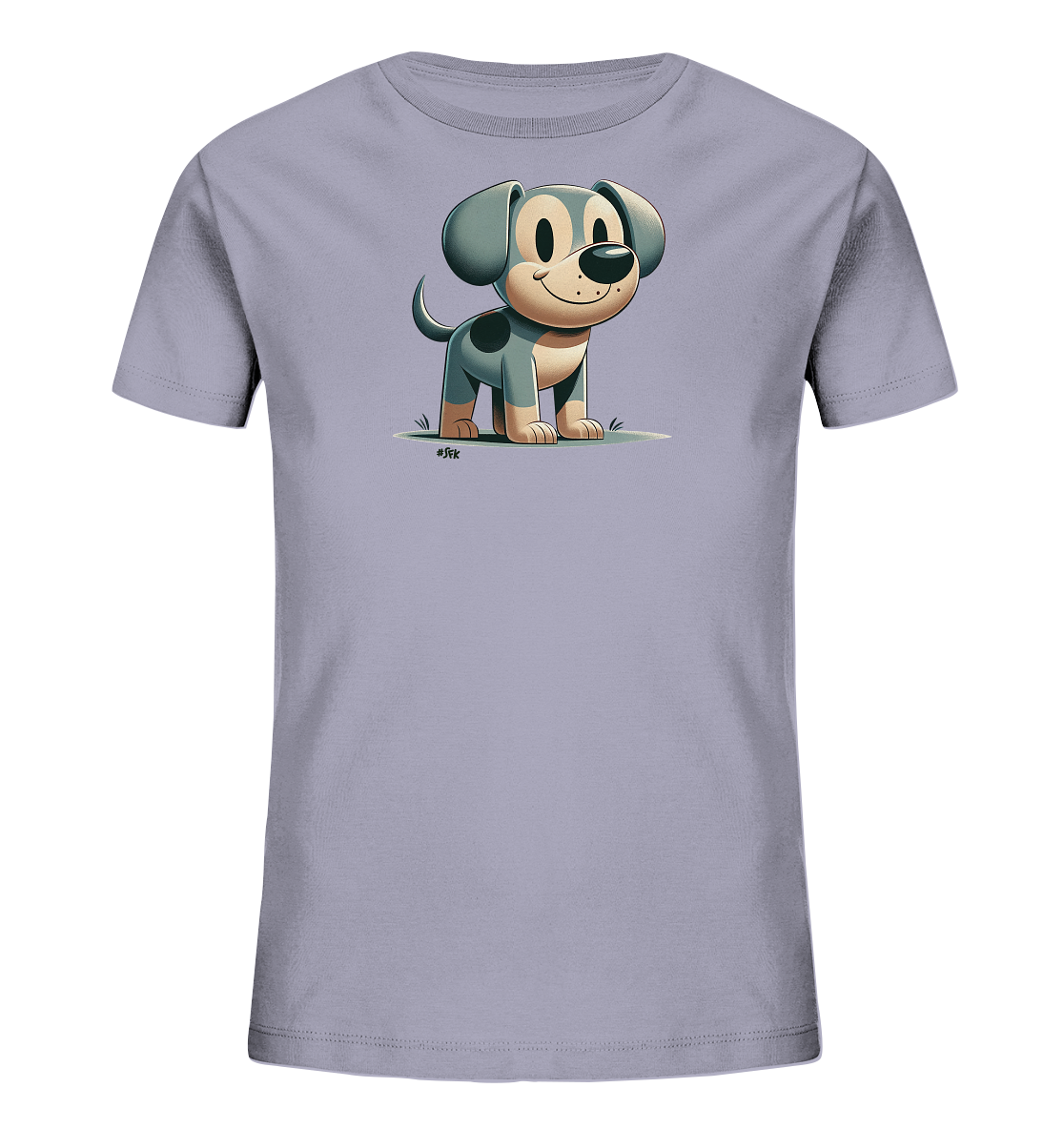 Onlineshop Shirts fuer Kinder - Das Bild zeigt ein hellviolettes Kinder-T-Shirt mit einem niedlichen Druck. Auf der Vorderseite ist eine cartoonartige Darstellung eines kleinen Hundes abgebildet. Der Hund hat grosse Ohren, dunkle Flecken und steht auf einer gruenen Grasflaeche. Sein freundlicher Ausdruck macht das Design besonders ansprechend.