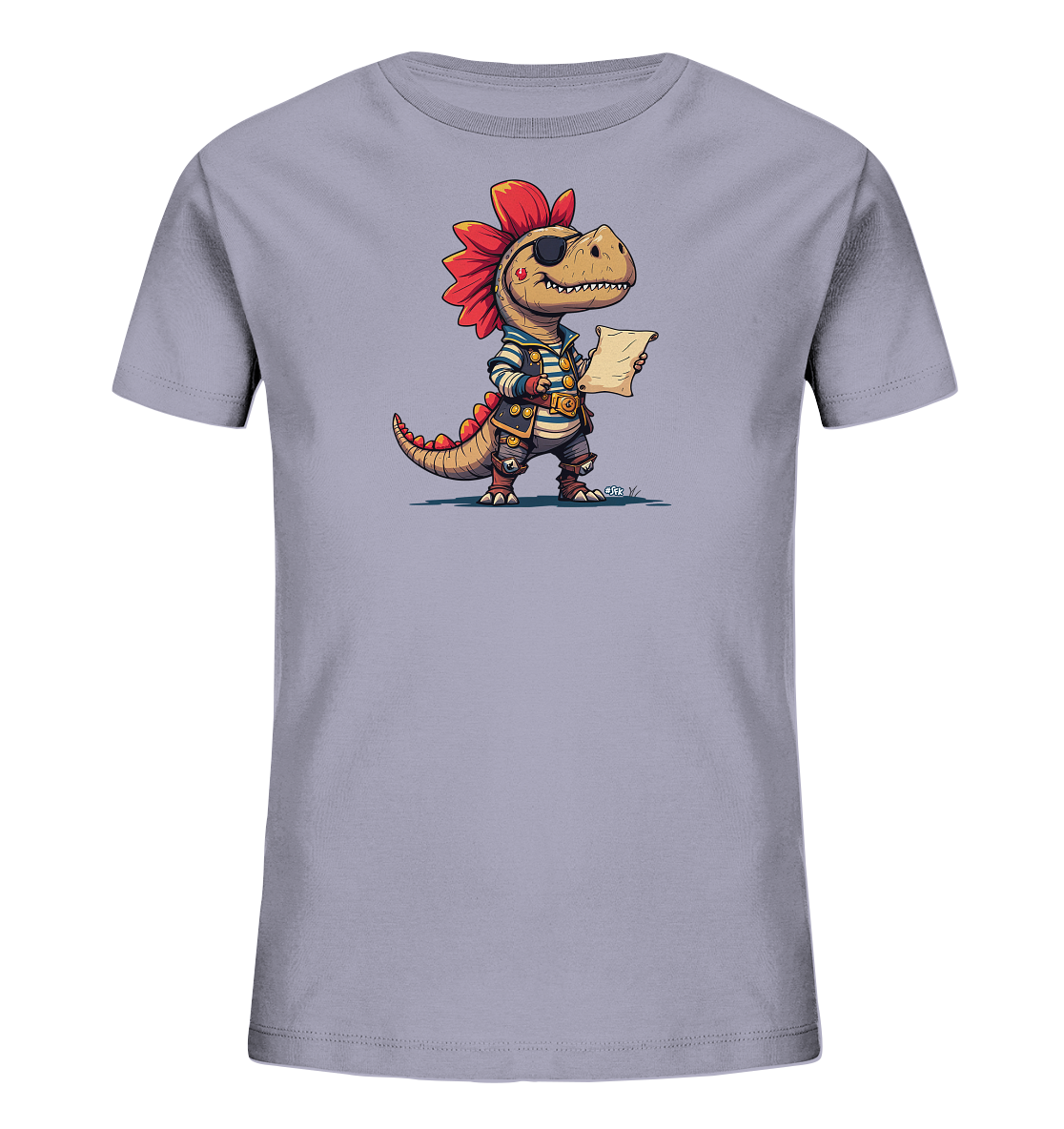 Onlineshop Shirts fuer Kinder - Das Bild zeigt ein hellviolettes T-Shirt fuer Kinder mit einer Illustration eines Dinosauriers als Pirat. Der Dino traegt eine Augenklappe, ein gestreiftes Hemd und eine Weste und haelt ein Blatt Papier in seinen Klauen. Dieses froehliche Design mit dem Piraten Dino verleiht dem Shirt einen abenteuerlichen Look.
