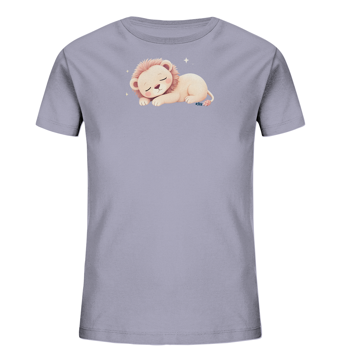 Onlineshop Shirts fuer Kinder - Das Bild zeigt ein helllila T-Shirt fuer Kinder mit einem niedlichen, schlafenden Loewenmotiv auf der Vorderseite. Der kleine Loewe liegt friedlich da, hat eine rosa Maehne und geschlossene Augen, umgeben von zarten Sternen. Das Design ist sanft und vertraeumt, ideal fuer die Kleinsten. Es vermittelt eine ruhige und liebevolle Atmosphaere.