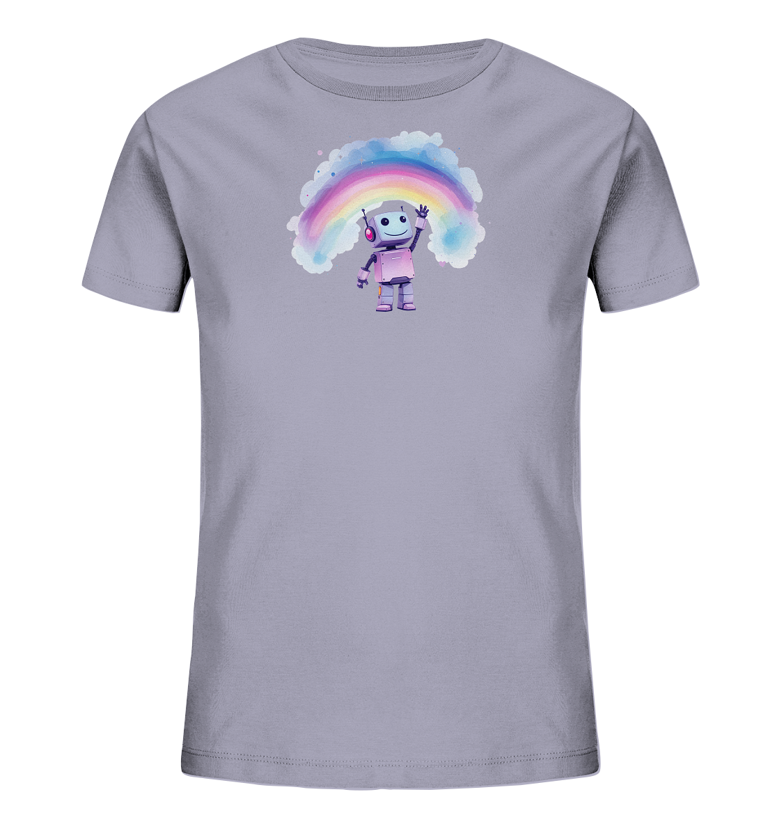 Onlineshop Shirts für Kinder - Das Bild zeigt ein hellviolettes T-Shirt für Kinder, das auf der Vorderseite mit einer farbenfrohen Grafik bedruckt ist. Das Motiv besteht aus einem freundlich aussehenden, stilisierten Roboter in Rosa und Violett, der eine Hand zum Winken hebt. Hinter dem Roboter ist ein bogenförmiger Regenbogen in Pastellfarben dargestellt, der von stilisierten Wolken umrahmt wird. Das Design wirkt fröhlich und verspielt, passend für ein Kinderbekleidungsstück.
