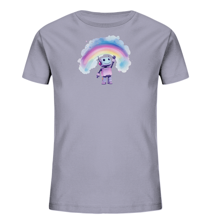 Onlineshop Shirts für Kinder - Das Bild zeigt ein hellviolettes T-Shirt für Kinder, das auf der Vorderseite mit einer farbenfrohen Grafik bedruckt ist. Das Motiv besteht aus einem freundlich aussehenden, stilisierten Roboter in Rosa und Violett, der eine Hand zum Winken hebt. Hinter dem Roboter ist ein bogenförmiger Regenbogen in Pastellfarben dargestellt, der von stilisierten Wolken umrahmt wird. Das Design wirkt fröhlich und verspielt, passend für ein Kinderbekleidungsstück.