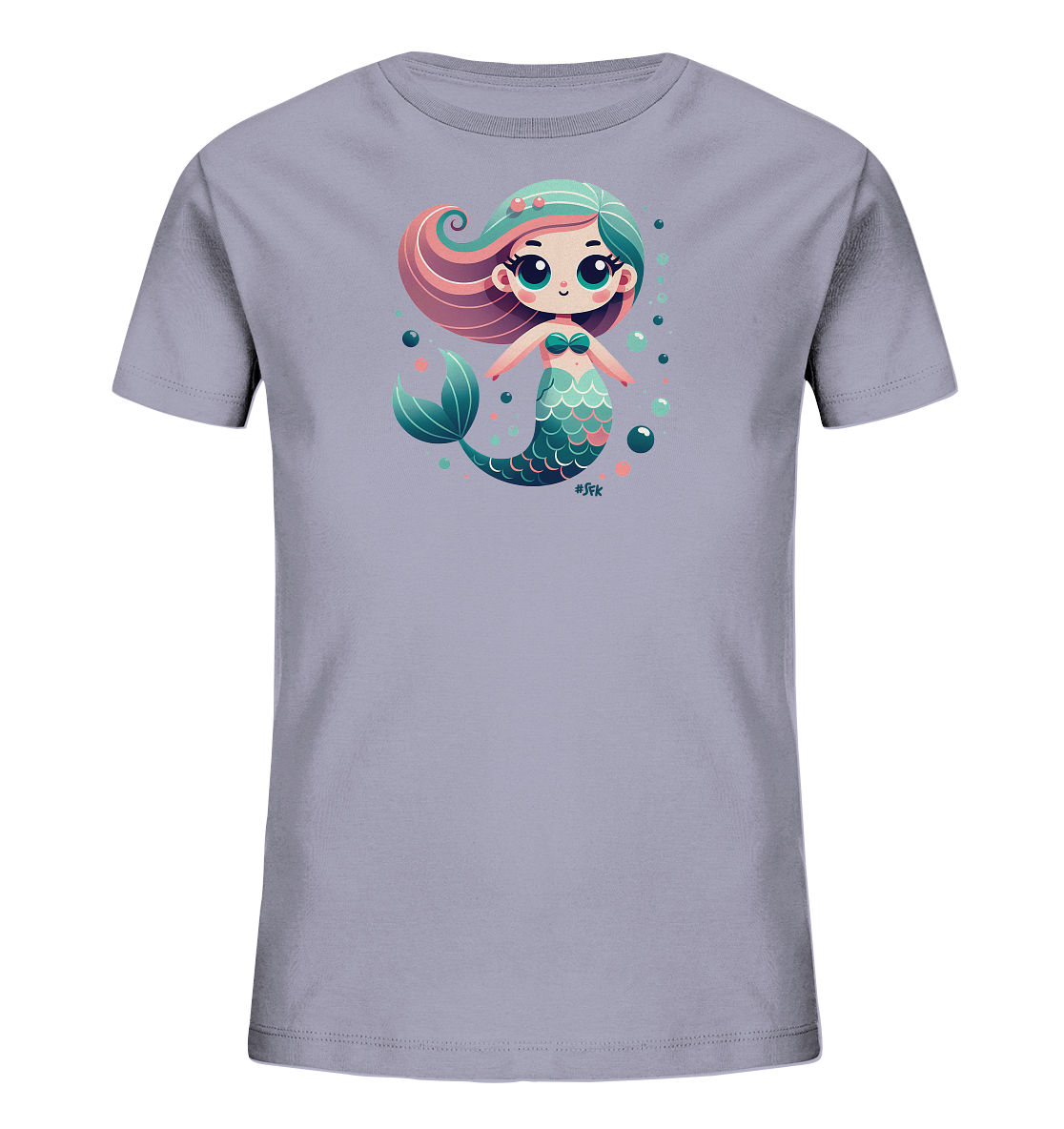 Onlineshop Shirts fuer Kinder - Das Bild zeigt ein helllilafarbenes T-Shirt fuer Kinder. Auf der Vorderseite ist eine niedliche Cartoon-Meerjungfrau mit bunter Haarpracht und einem gruenen Schwanz zu sehen. Sie ist umgeben von kleinen Blasen in verschiedenen Farben. Das Design ist freundlich und ideal fuer Kinder gestaltet.