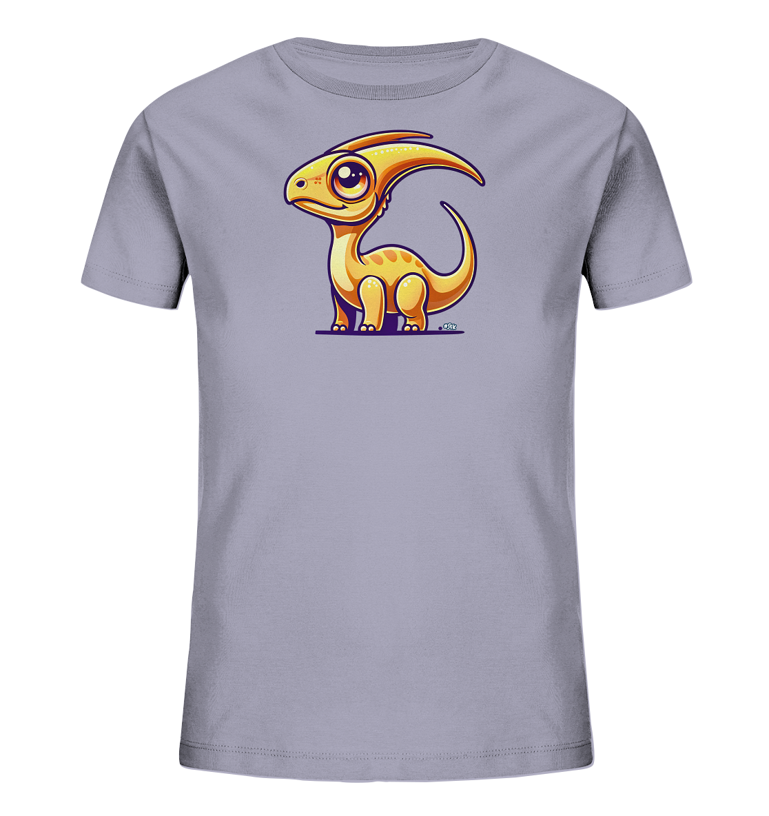 Onlineshop Shirts fuer Kinder - Das Bild zeigt ein hellgraues oder helllilafarbenes Kinder-T-Shirt. Auf der Vorderseite ist eine niedliche, cartoonhafte Illustration eines orangefarbenen Dinosauriers mit einem markanten Kopfkamm zu sehen. Der Dinosaurier hat grosse Augen und steht in einer freundlichen Pose. Das Design ist verspielt und ansprechend gestaltet.