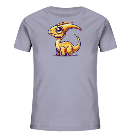 Onlineshop Shirts fuer Kinder - Das Bild zeigt ein hellgraues oder helllilafarbenes Kinder-T-Shirt. Auf der Vorderseite ist eine niedliche, cartoonhafte Illustration eines orangefarbenen Dinosauriers mit einem markanten Kopfkamm zu sehen. Der Dinosaurier hat grosse Augen und steht in einer freundlichen Pose. Das Design ist verspielt und ansprechend gestaltet.