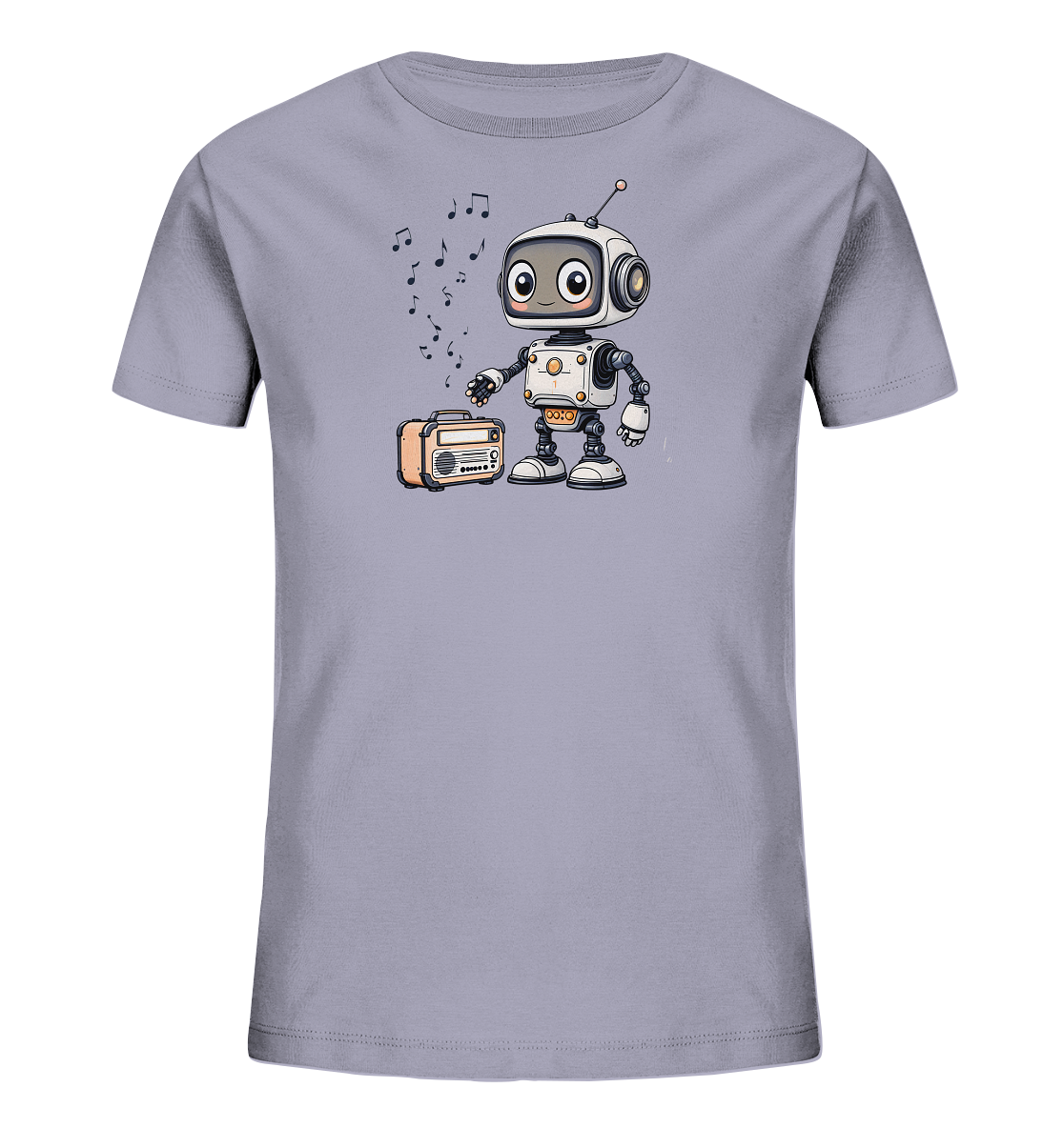 Onlineshop Shirts für Kinder - Das Bild zeigt ein hellgraues Kinder-T-Shirt mit einem Druck auf der Vorderseite. Der Druck stellt einen stilisierten Roboter im Comic-Look dar, der neben einem orangefarbenen Radio steht. Über dem Roboter und dem Radio sind schwarze Musiknoten zu sehen. Das Motiv vermittelt eine fröhliche und verspielte Atmosphäre, die gut zu Kinderkleidung passt.