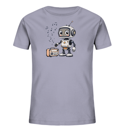Onlineshop Shirts für Kinder - Das Bild zeigt ein hellgraues Kinder-T-Shirt mit einem Druck auf der Vorderseite. Der Druck stellt einen stilisierten Roboter im Comic-Look dar, der neben einem orangefarbenen Radio steht. Über dem Roboter und dem Radio sind schwarze Musiknoten zu sehen. Das Motiv vermittelt eine fröhliche und verspielte Atmosphäre, die gut zu Kinderkleidung passt.