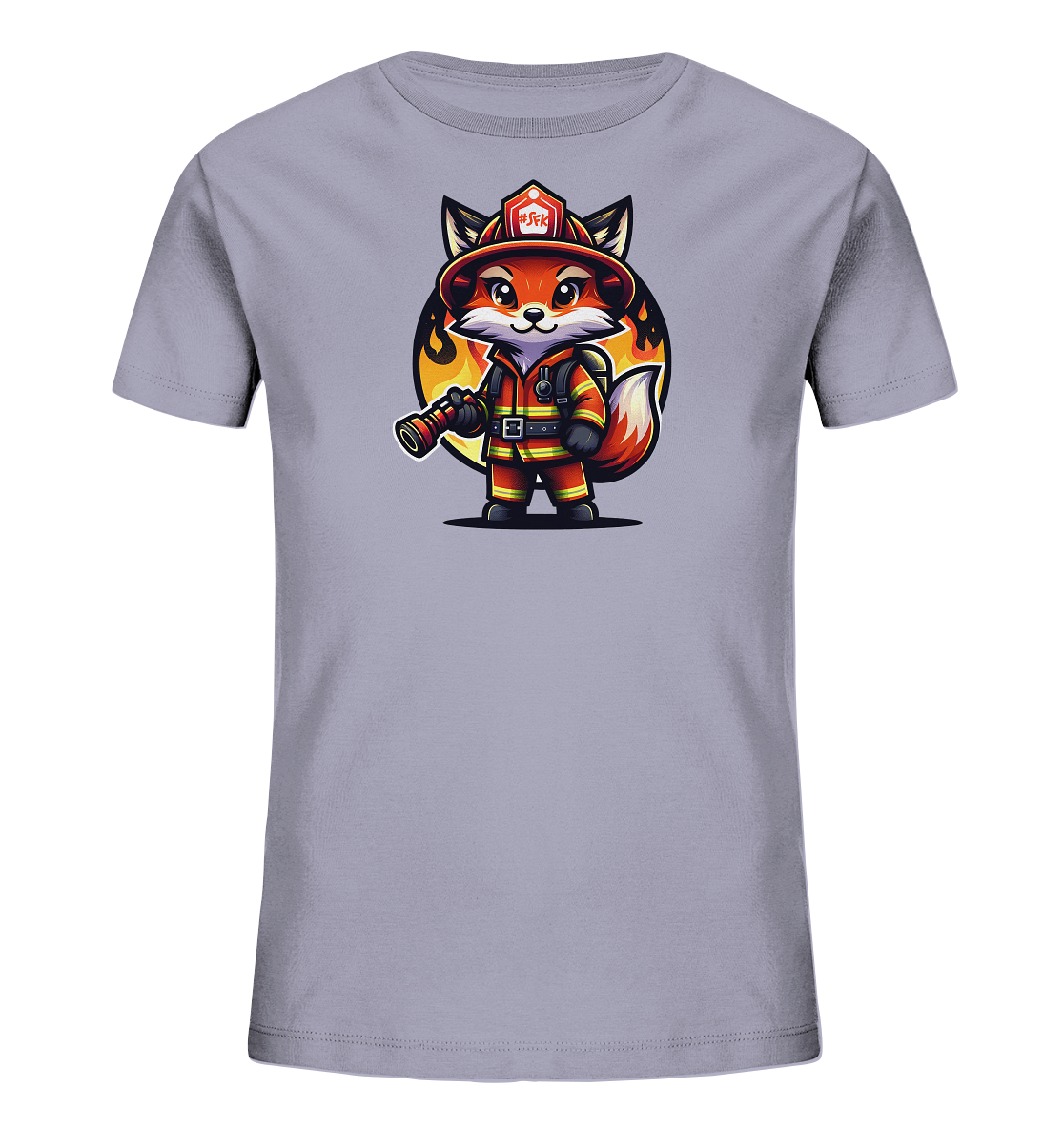 Onlineshop Shirts fuer Kinder - Das Bild zeigt ein graues Kinder-T-Shirt mit einer farbenfrohen Illustration eines niedlichen fuchsartigen Feuerwehrmanns. Der Charakter ist in einer roten Uniform mit Helm dargestellt, haelt eine Schlauchduese und steht vor einem kreisfoermigen Hintergrund mit Flammen. Das Design des T-Shirts ist verspielt und detailreich. Es verleiht dem Shirt einen heldenhaften und freundlichen Look.