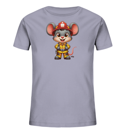 Onlineshop Shirts fuer Kinder - Das T-Shirt zeigt eine laechelnde Cartoon-Maus in gelber Feuerwehruniform mit rotem Helm. Die Maus steht mittig auf dem Shirt. Ein farbenfrohes und verspieltes Motiv fuer Kinder.