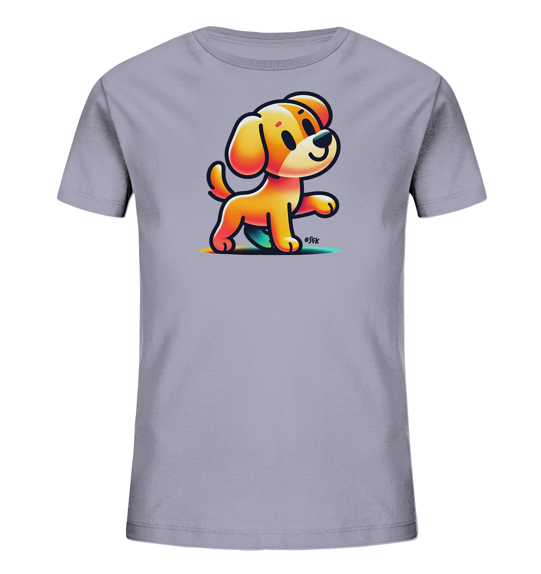 Onlineshop Shirts fuer Kinder - Dieses graue T-Shirt fuer Kinder zeigt eine farbenfrohe Illustration eines freundlichen Cartoon-Hundes auf der Vorderseite. Der Hund ist orange/gelb dargestellt und scheint aufrecht zu stehen, mit einer Pfote angehoben. Das Design ist verspielt und nutzt leuchtende Farben als Untergrund fuer die Figur. Es ist ein einfacher, aber ansprechender Look.