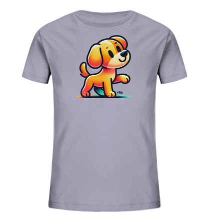 Kinder T-Shirt mit hellbraunem Cartoon-Hund, Lächeln und erhobener Pfote
