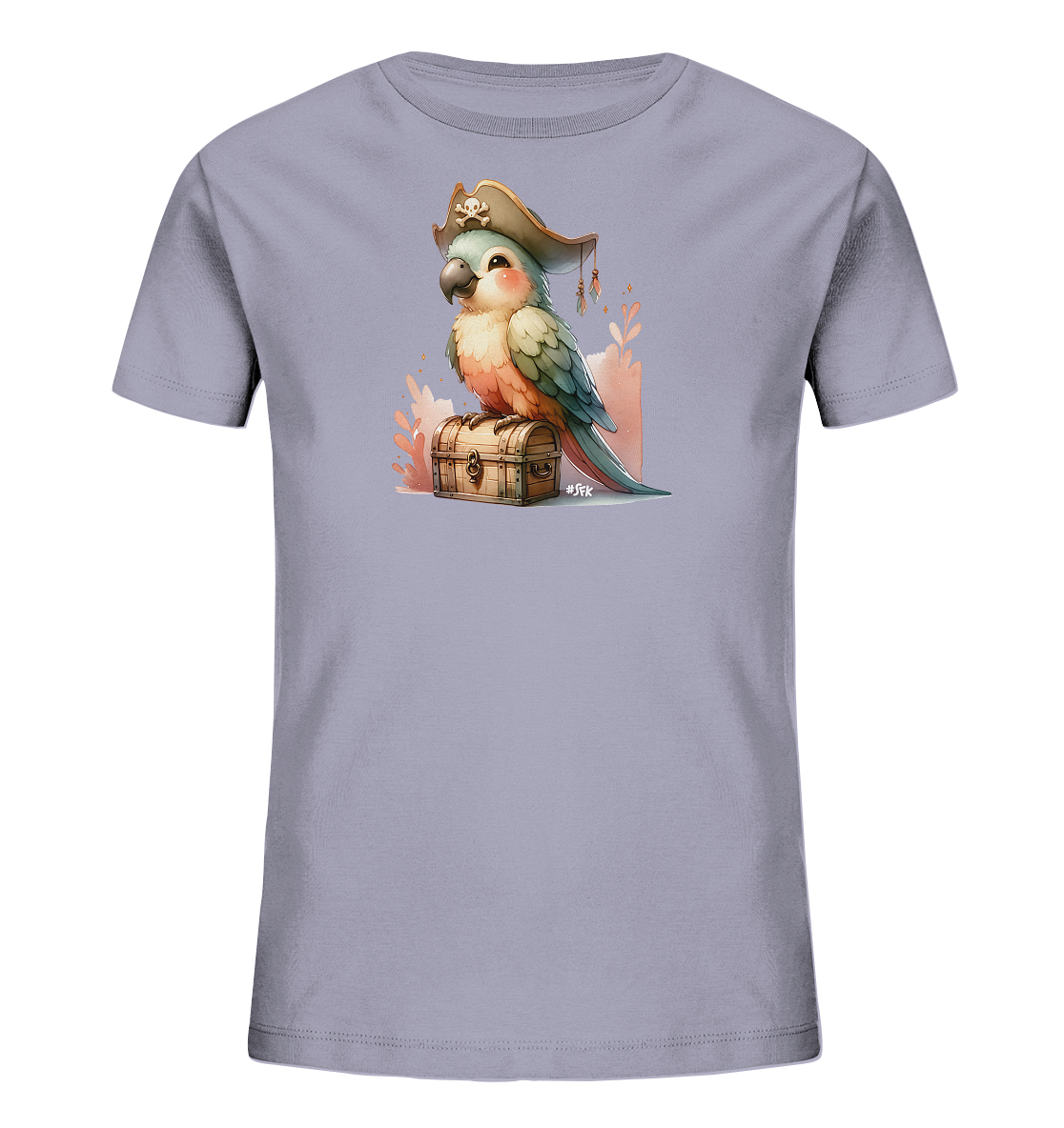 Onlineshop Shirts fuer Kinder - Das Bild zeigt ein Kinder-T-Shirt in einem hellen Violettton. Auf der Vorderseite ist eine niedliche Cartoon-Illustration eines Papageis zu sehen. Der Papagei traegt einen Piratenhut und sitzt auf einer Holztruhe. Das Motiv ist von stilisierten floralen Elementen in warmen Toenen umgeben.