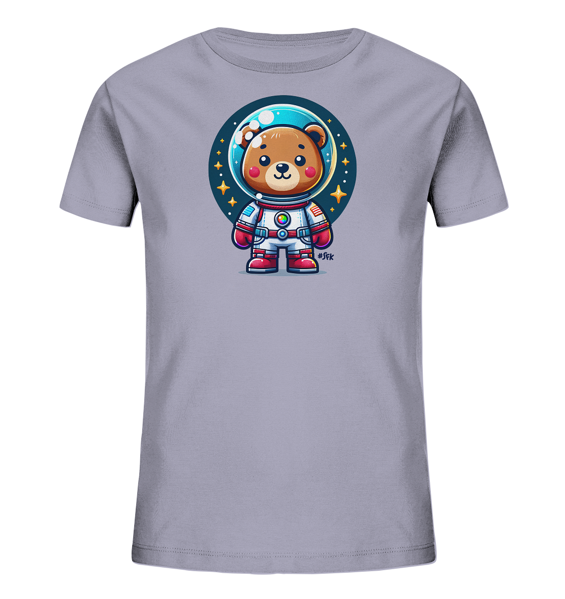 Onlineshop Shirts fuer Kinder - Das Bild zeigt ein hellgraues T-Shirt mit einem niedlichen Astronauten-Baer auf der Vorderseite. Der cartoonhafte Baer traegt einen Raumanzug und steht vor einem dunkelblauen Kreis mit Sternen. Das Design ist farbenfroh und verspielt.