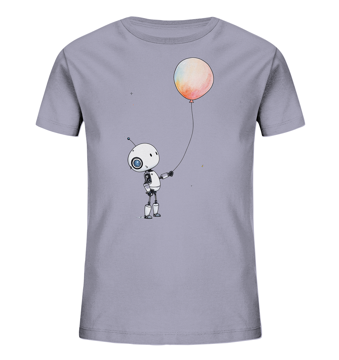 Onlineshop Shirts für Kinder - Das Bild zeigt ein Kinder-T-Shirt in einem hellen Grauton. Auf der Vorderseite ist eine Illustration eines kleinen Roboters mit einem Ballon zu sehen. Der weiße Roboter mit blauen Augen hält die Schnur eines runden Ballons. Der Ballon weist einen Farbverlauf in warmen Pastelltönen von Orange über Gelb bis Blau auf. Das minimalistische Design verleiht dem Shirt eine verspielte und moderne Note.