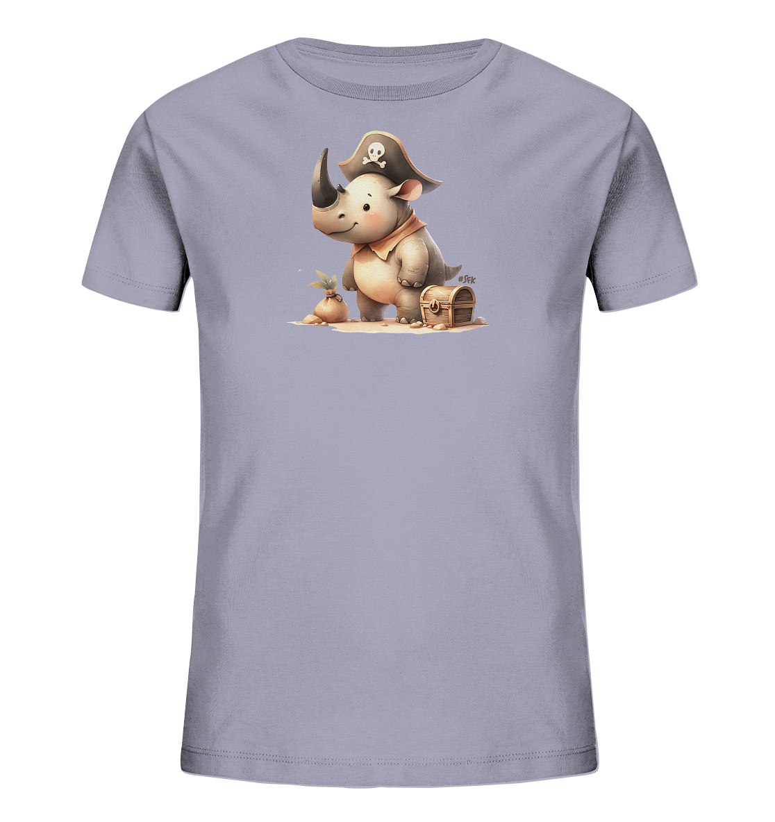 Onlineshop Shirts fuer Kinder - Das Bild zeigt ein hellgraues T-Shirt fuer Kinder mit einem verspielten Motiv. Ein niedliches Nashorn im Piratenkostuem, komplett mit Hut und Halstuch, steht auf Sand. Neben ihm liegen eine kleine Schatztruhe und ein Sack, was eine Abenteuerstimmung erzeugt. Das freundliche Nashorn und die Details machen das Shirt zu einem froehlichen Hingucker.