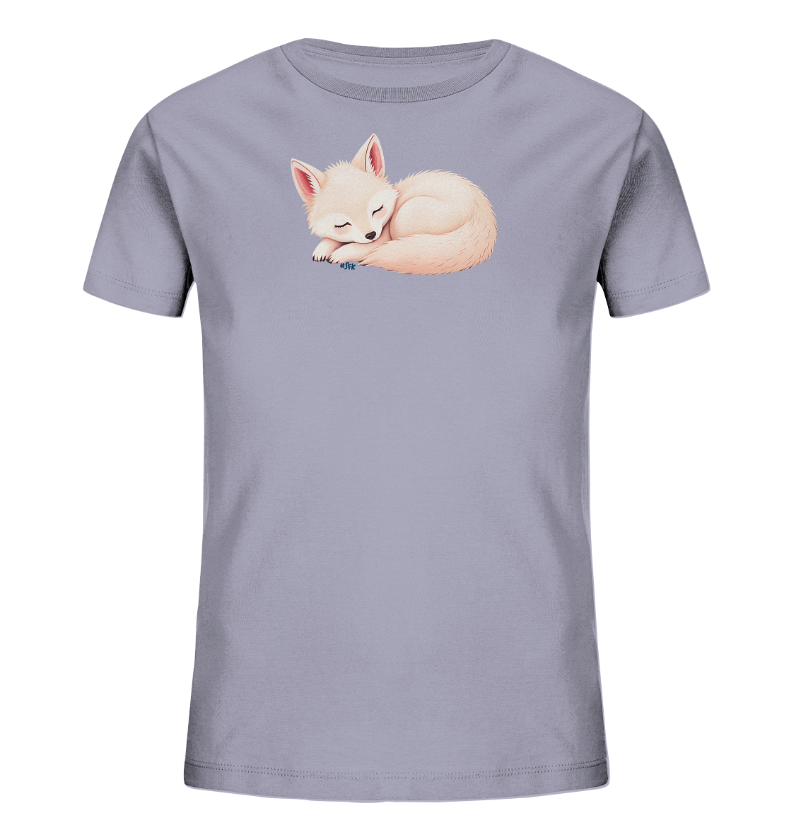 Onlineshop Shirts fuer Kinder - Das Bild zeigt ein helllila Kinder-T-Shirt mit einem niedlichen Tiermotiv auf der Vorderseite. Abgebildet ist ein kleiner, beiger Fuchs mit grossen Ohren, der zusammengerollt friedlich schlaeft. Das Design wirkt ruhig und ansprechend.