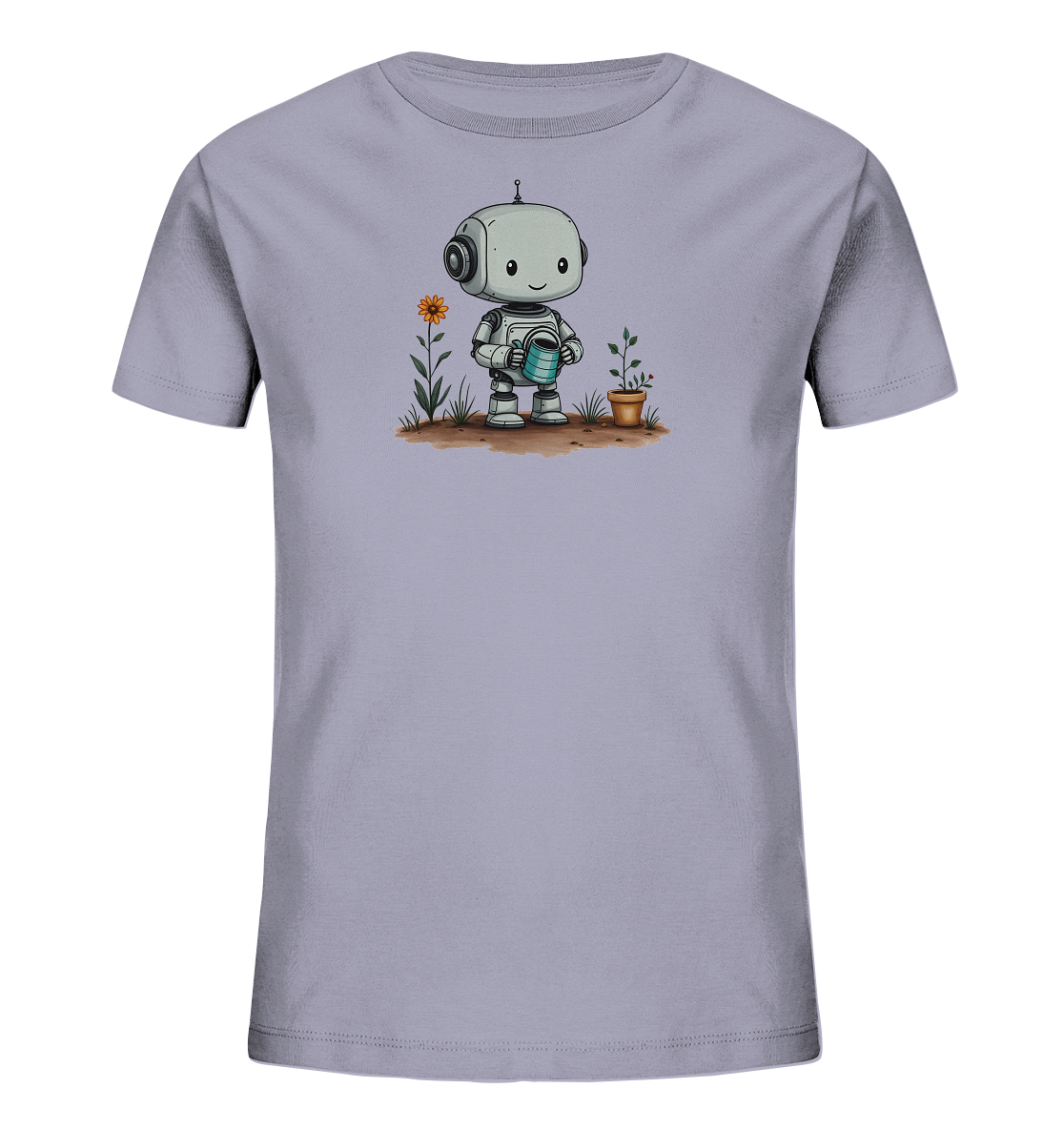 Onlineshop Shirts für Kinder - Das Bild zeigt ein hellgraues Kinder-T-Shirt. Auf der Vorderseite ist eine farbige Illustration eines freundlichen Roboters zu sehen. Der Roboter steht auf einer braunen Erde, neben ihm wachsen eine Pflanze mit einer orangefarbenen Blüte und eine Topfpflanze mit grünen Blättern und roten Beeren. Der Roboter hält eine blaue Gießkanne und scheint die Topfpflanze zu gießen.