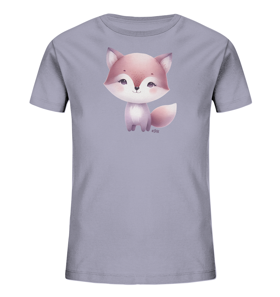 Onlineshop Shirts fuer Kinder - Dieses T-Shirt fuer Kinder in einem hellen Grauton zeigt eine bezaubernde Illustration eines Fuchses auf der Vorderseite. Der Fuchs hat rosafarbenes Fell, grosse Ohren und einen niedlichen, freundlichen Ausdruck. Sein flauschiger Schwanz und die sanften Farben verleihen dem Motiv einen charmanten Look. Das Design ist verspielt und ansprechend fuer Kinder.