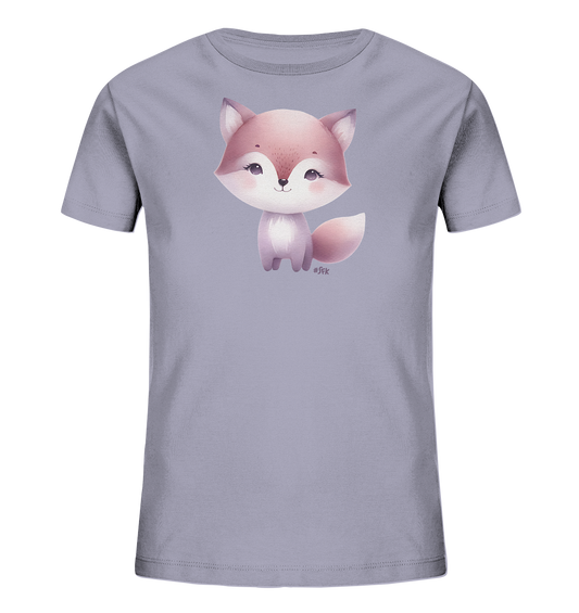 Onlineshop Shirts fuer Kinder - Dieses T-Shirt fuer Kinder in einem hellen Grauton zeigt eine bezaubernde Illustration eines Fuchses auf der Vorderseite. Der Fuchs hat rosafarbenes Fell, grosse Ohren und einen niedlichen, freundlichen Ausdruck. Sein flauschiger Schwanz und die sanften Farben verleihen dem Motiv einen charmanten Look. Das Design ist verspielt und ansprechend fuer Kinder.