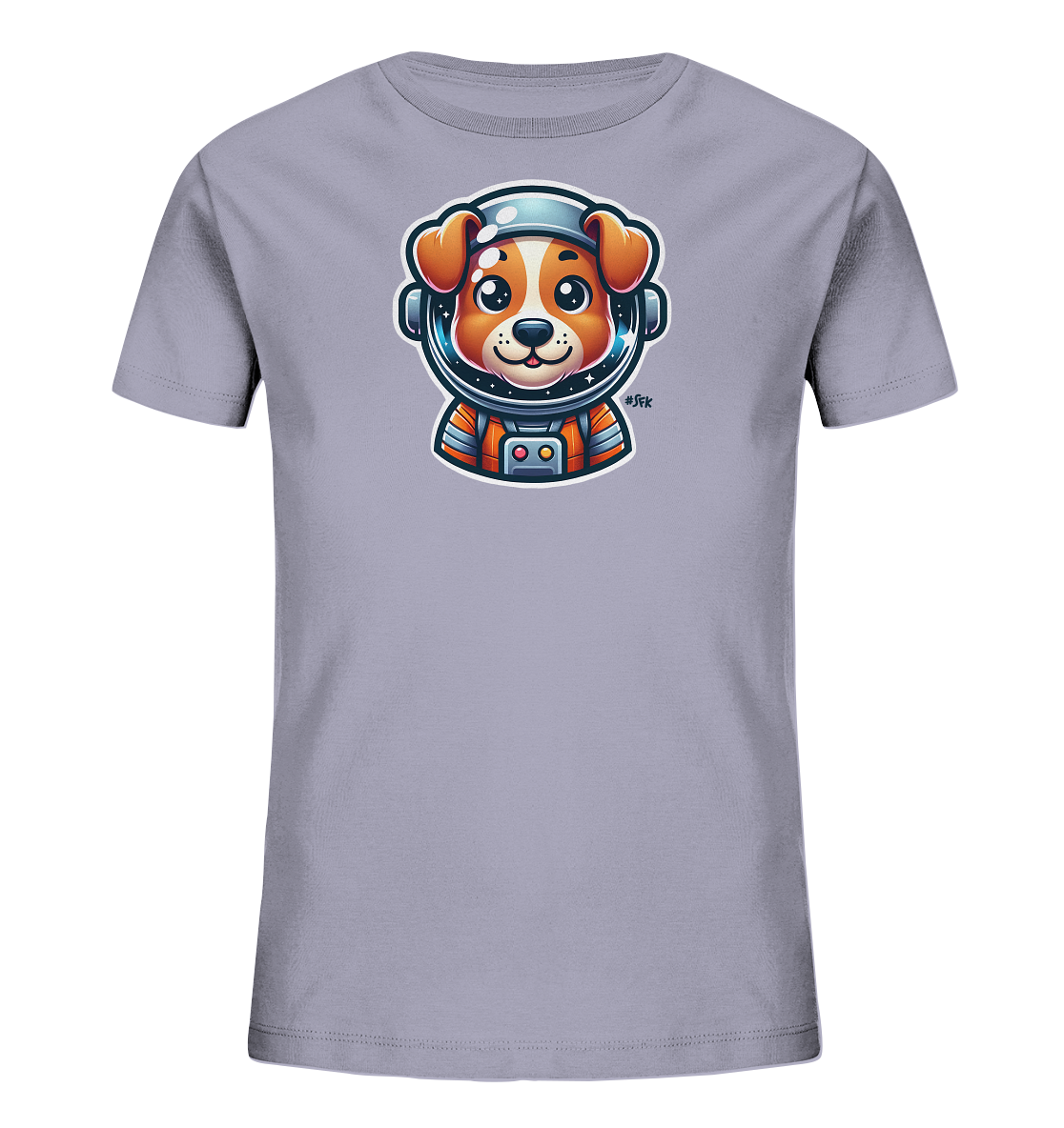 Onlineshop Shirts fuer Kinder - Das hellgraue T-Shirt zeigt einen niedlichen Cartoon-Hund im Astronautenanzug. Der Hund traegt einen Helm mit Sternen im Visier und einen detailreichen orange-grauen Raumanzug.