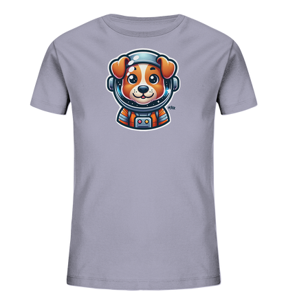 Onlineshop Shirts fuer Kinder - Das hellgraue T-Shirt zeigt einen niedlichen Cartoon-Hund im Astronautenanzug. Der Hund traegt einen Helm mit Sternen im Visier und einen detailreichen orange-grauen Raumanzug.