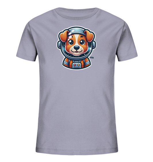 Onlineshop Shirts fuer Kinder - Das hellgraue T-Shirt zeigt einen niedlichen Cartoon-Hund im Astronautenanzug. Der Hund traegt einen Helm mit Sternen im Visier und einen detailreichen orange-grauen Raumanzug.