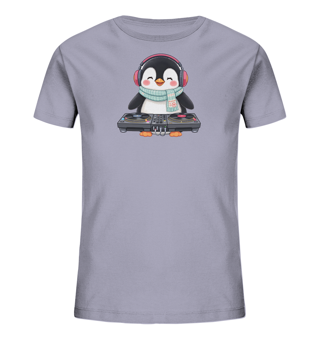 Onlineshop Shirts fuer Kinder - Das Bild zeigt ein hellgraues Kinder-T-Shirt mit einem niedlichen Cartoon-Pinguin. Der Pinguin traegt rote Kopfhoerer und einen gemusterten Schal, waehrend er an einem DJ-Mischpult steht. Das Motiv wirkt froehlich und verspielt.
