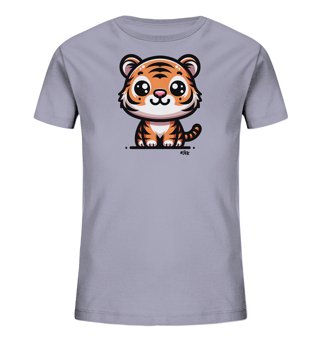 Onlineshop Shirts fuer Kinder - Das Bild zeigt ein hellgraues Kinder-T-Shirt. Auf der Vorderseite ist eine niedliche, cartoonartige Darstellung eines sitzenden Tigerjungen zu sehen. Der Tiger hat orange-schwarze Streifen, grosse Augen und einen freundlichen Ausdruck. Die Grafik ist mittig platziert und verleiht dem Shirt ein verspieltes Aussehen.