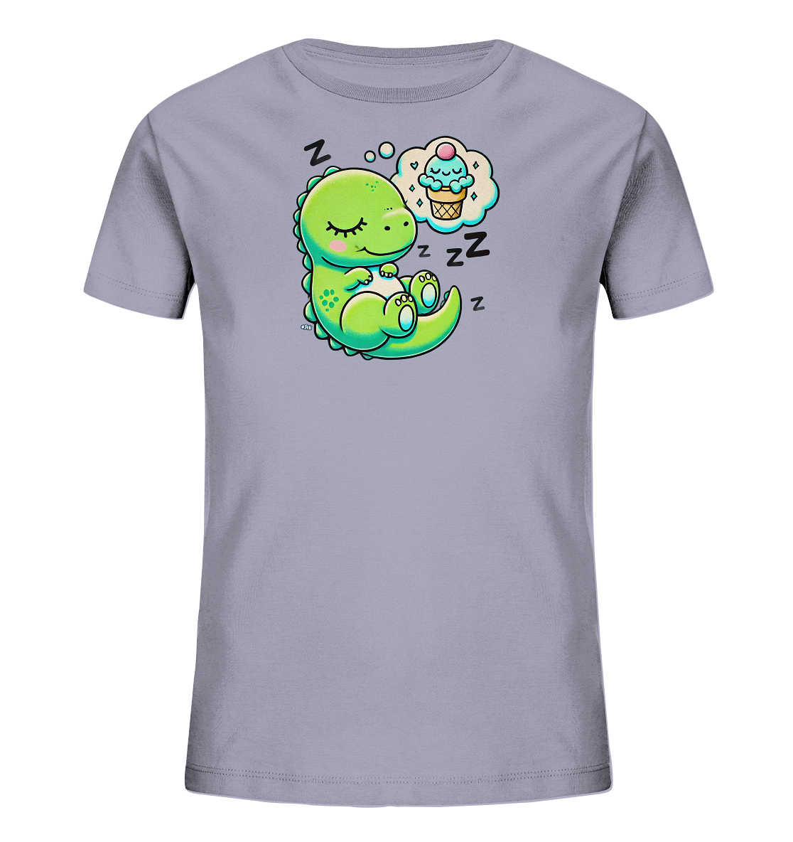 Onlineshop Shirts fuer Kinder - Dieses graue T-Shirt zeigt einen niedlichen, schlafenden gruenen Dinosaurier. Über dem Dino ist eine Sprechblase mit einem froehlichen Eiscreme-Motiv zu sehen. Mehrere "Z"s und Blasen umgeben das schlafende Wesen, was den Traumzustand symbolisiert. Das Design ist verspielt und ansprechend fuer Kinder.
