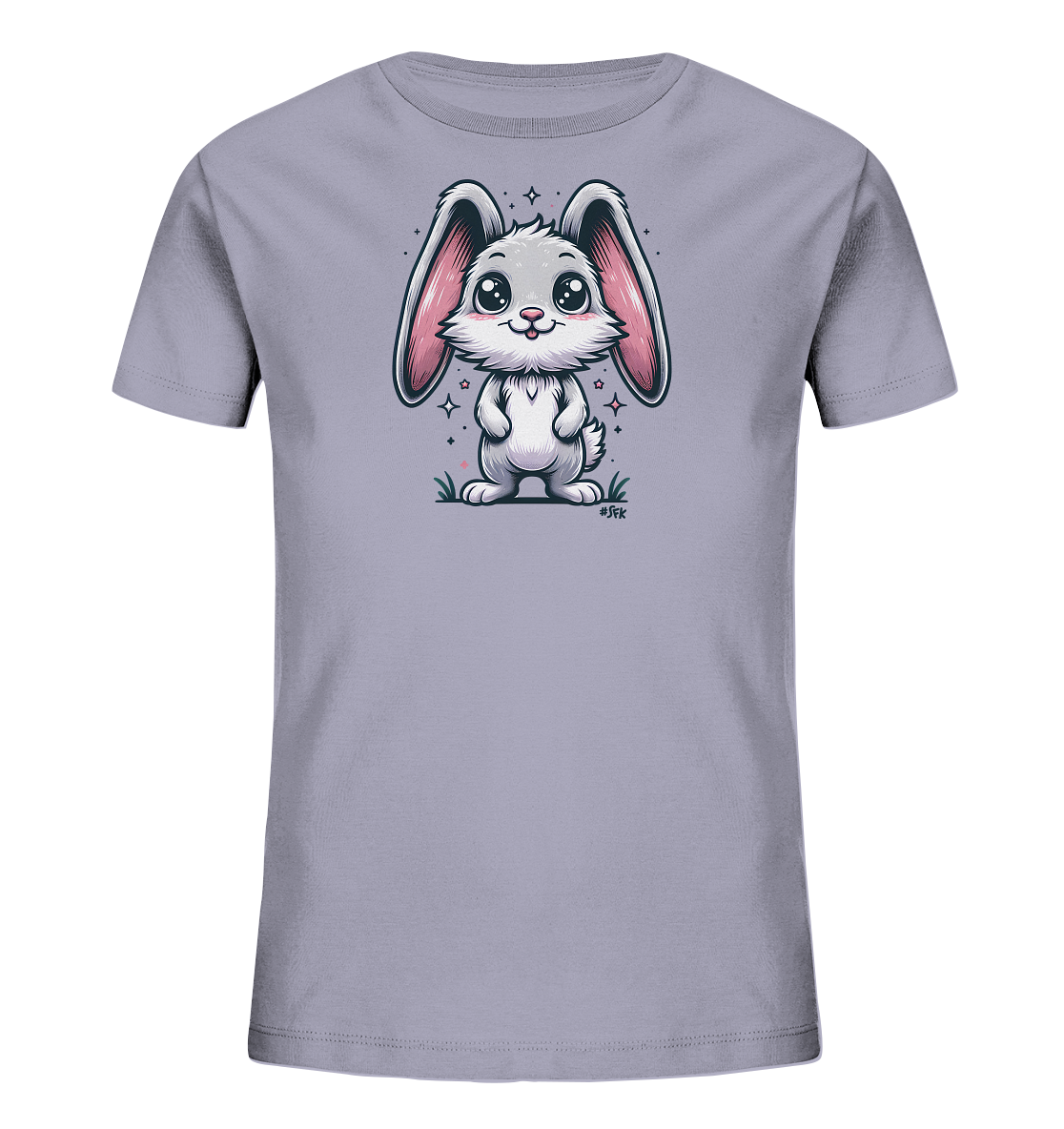 Onlineshop Shirts fuer Kinder - Das Bild zeigt ein Kinder-T-Shirt in einem hellen Grauton. Auf der Vorderseite ist eine niedliche Cartoon-Illustration eines Hasen zu sehen. Der Hase hat grosse Ohren, freundliche Augen und ist von funkelnden Sternen umgeben. Das Design wirkt verspielt und ansprechend fuer Kinder.