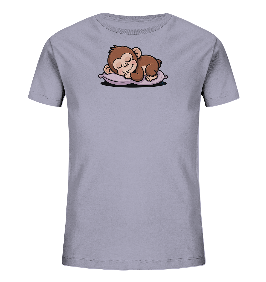 Onlineshop Shirts fuer Kinder - Das Bild zeigt ein hellgraues T-Shirt fuer Kinder. Auf der Vorderseite befindet sich eine detaillierte Illustration eines braunen Affen, der schlafend auf einem lilafarbenen Kissen liegt. Der Affe ist mit geschlossenen Augen und einer entspannten Haltung dargestellt. Das Motiv verleiht dem Shirt einen ruhigen und niedlichen Charakter.